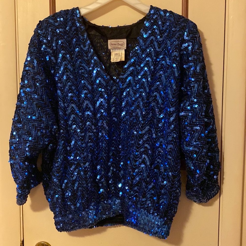 Blue V-Neck Sequin Sweater